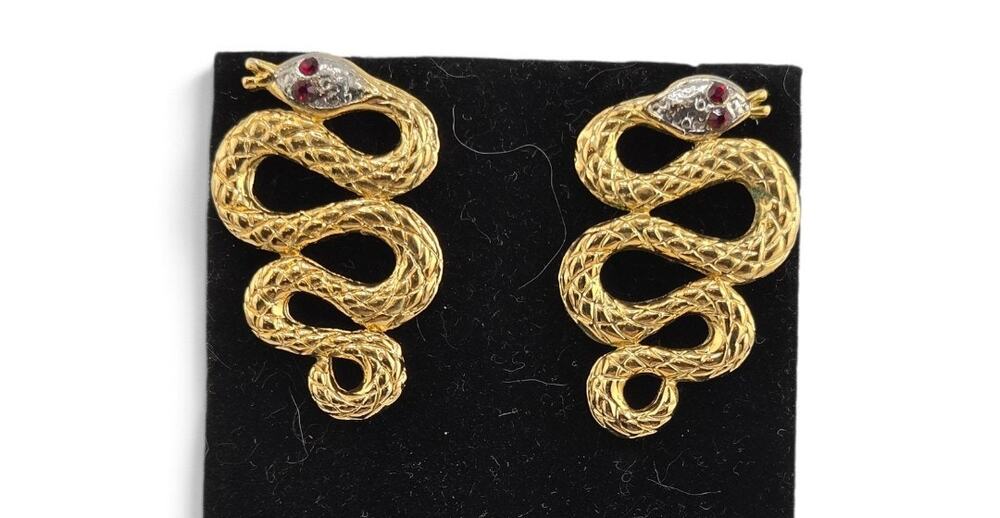 Vintage Gold Tone Coiled Snake Serpent Earrings Red Eyes Pierced Statement